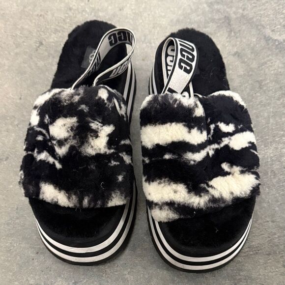 UGG Shoes - UGG Black and White Fuzzy Platform Sandals